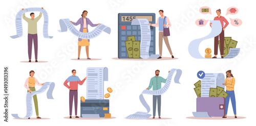 Electronic payment, small people with big bills, credit card and wallet. Vector transfer of money or digital currency thought electronic means. Online shopping or banking, epayments and transactions
