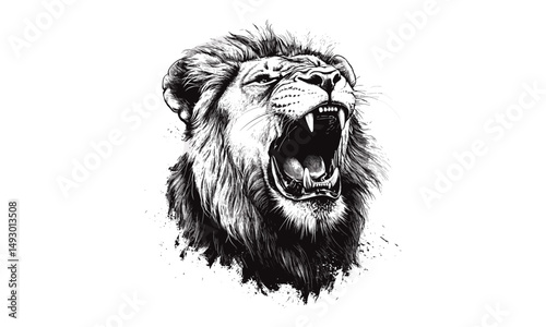 Hand-drawn Lion Roaring, Vintage Wildlife Etching, Monochrome Wild Cat Line Art, Rustic Animal Print, Old Engraving Style, Detailed Nature Illustration, classic animal art