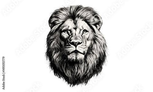 Vintage Hand-drawn Lion with Mane, Rustic Animal Print, Detailed Nature Illustration, Retro Wildlife Etching, Monochrome Wild Cat Line Art, Old engraving style, trendy nature sketch