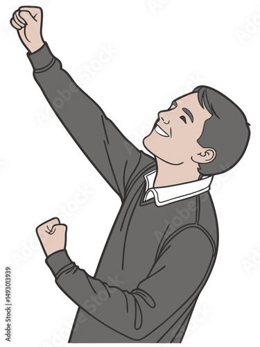 A person in a dark shirt with a white collar raises both fists in a celebratory gesture against a white background.
