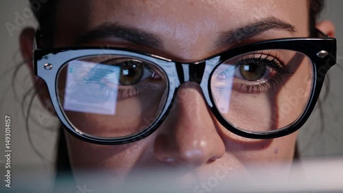 a close-up shot of a woman wearing glasses, with the reflection of a screen in the lenses, conveying focus and concentration. The woman's eyes are clearly visible.