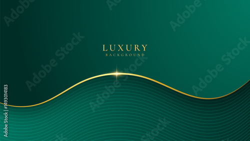 Luxury wave green dark background combine with glowing golden lines. Overlap layer textured background