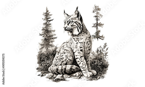 Rustic animal print, detailed lynx illustration, vintage wildlife etching, hand-drawn forest engraving, monochrome wild cat line art, retro fauna drawing, old engraving style, trendy nature art