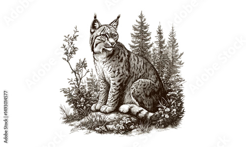 Hand-drawn Lynx engraving, vintage wildlife etching, monochrome wild cat line art, detailed nature illustration, rustic animal print, forest fauna drawing, old engraving style, trendy wildlife art