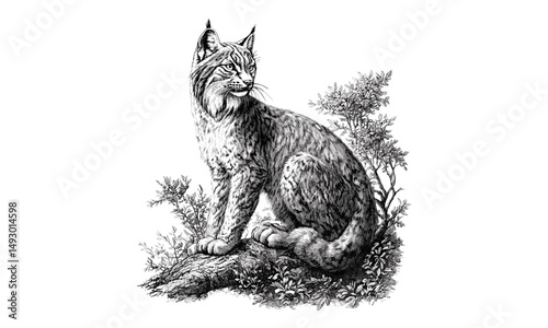 Monochrome wild cat line art, vintage lynx engraving, detailed nature illustration, rustic animal print, forest wildlife drawing, retro fauna etching, old engraving style, trendy wildlife art