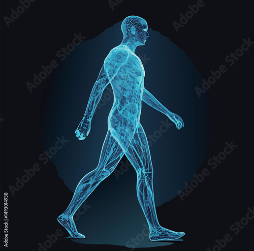 A digital human silhouette walks gracefully in a blue translucent design.