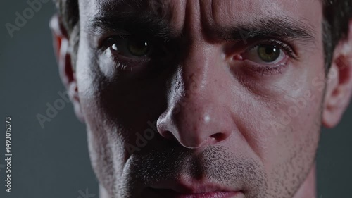 A man with a determined and intense gaze staring directly at the camera, conveying a strong sense of focus and resolve