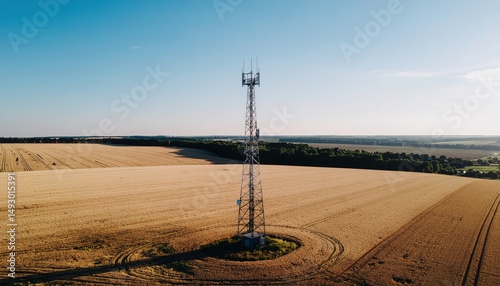 Aerial view of communication tower in rural field under clear sky