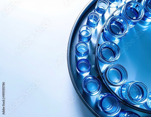 Cascading blue glassware arranged in circular pattern on reflective surface