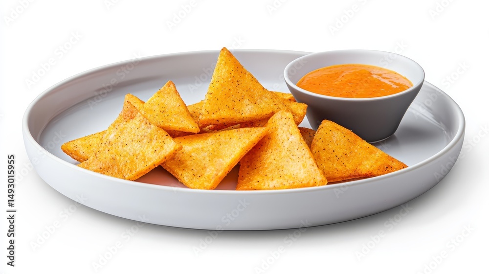 Delicious crispy chips with savory dipping sauce perfect snack or appetizer Delicious crispy chips with savory dipping sauce perfect snack or appetizer