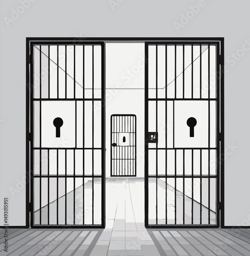 Monochrome illustration of open prison gates revealing a locked inner cell.