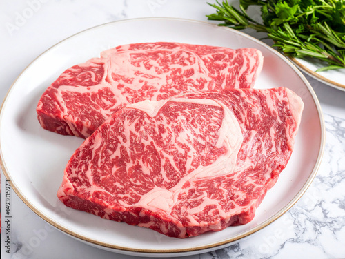 Marbled Wagyu beef steaks on a white plate with fresh herbs on a marble countertop, high-quality premium meat ready for cooking