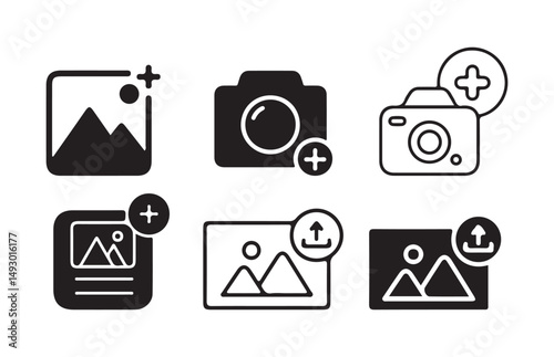 Set of add photo vector icons. Attach new image or picture. Edit album, Photo icon, vector illustration eps 10