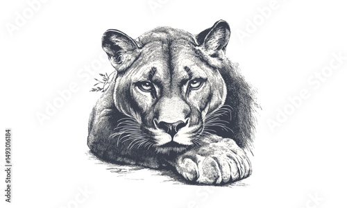 Vintage engraving of mountain lion lying, monochrome big cat sketch, old wildlife etching style, trendy nature illustration, antique wildlife print, forest animal art