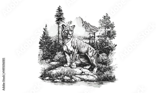 Monochrome hand-drawn mountain lion in forest, vintage wild cat engraving, trendy wilderness illustration, old style sketch, outdoor home decor, animal art, forest wildlife drawing
