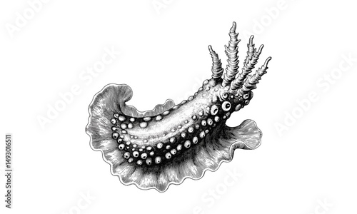 Hand-drawn vintage engraving of nudibranch sea slug, antique ocean creature drawing, monochrome marine life illustration, old engraving style, trendy ocean animal art