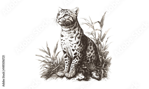 Vintage hand-drawn engraving of ocelot in jungle, monochrome wild cat sketch, antique predator etching, retro wildlife art print for rustic home decor, old style black sketch,