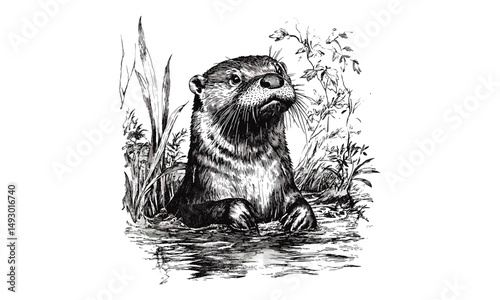 Vintage hand-drawn engraving of otter in river, monochrome water mammal etching, black sketch, old engraving style, trendy marine wildlife illustration, forest animal art, nature decor,