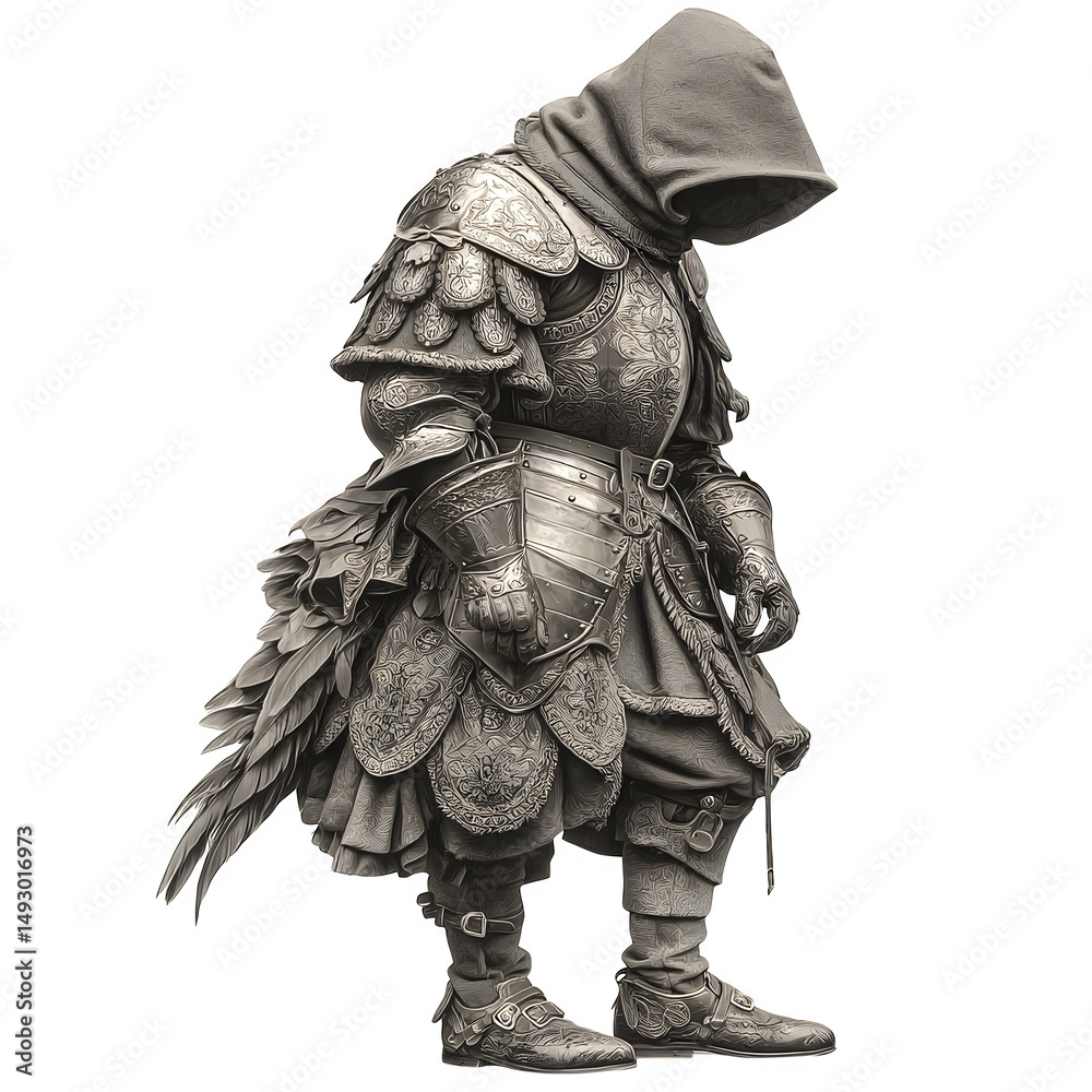 Fototapeta premium A griefsmith forging armor from soft sorrow, feathered melancholic plating, isolated on a white background --s 1000