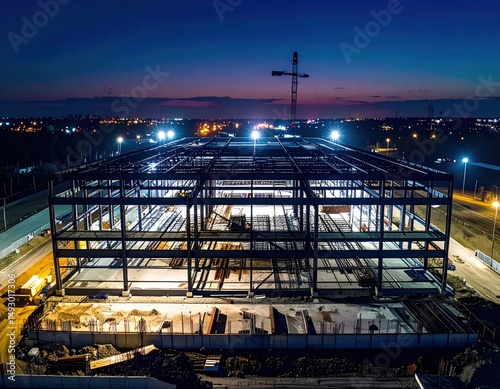 Steel frame construction site at dusk with cranes and illuminated surroundings