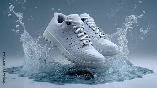 White Athletic Sneakers Splashing Water on Gray Background in Dynamic Action Shot Displaying Style and Functionality