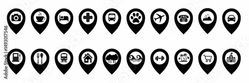 Set of map pointer icons, icons of map pointer , set of map pointer, pointer icon set, icon set of map pin, pin icon, jungle, restaurant, sea, hotel, hospital, school, house, zoo, station, airport