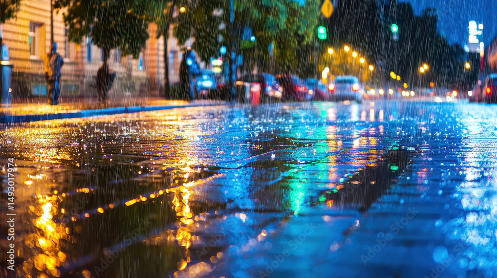 Obraz premium Vibrant city street illuminated by colorful reflections during light rain, creating serene and atmospheric scene