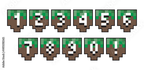 Numbers in the style of a computer game. Banner for inscriptions and congratulations. Background and cover for your text. Ready-made template in 8 bit style