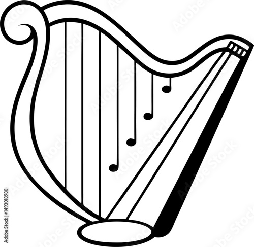 Harp With Musical Note Line Art Vector Illustration