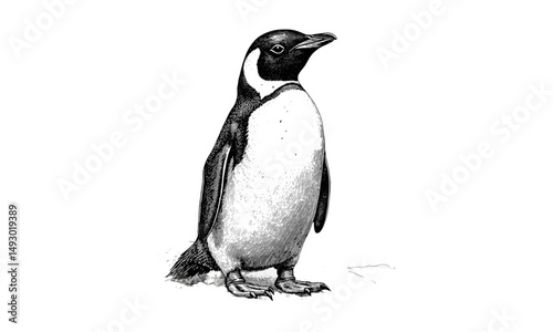 Vintage hand-drawn penguin engraving in monochrome etching style, marine bird illustration, winter polar coastal decor, black sketch, old engraving style, wildlife art print