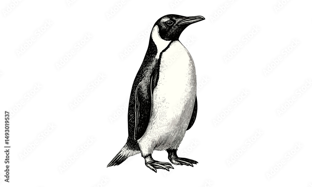 Obraz premium Penguin vintage engraving in monochrome, hand-drawn arctic wildlife sketch, trendy etching style illustration, polar animal drawing for vintage nature prints