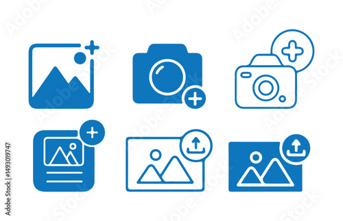 Add photo icon. Upload photo icon logo set. Camera with plus icon . Vector illustration eps 10