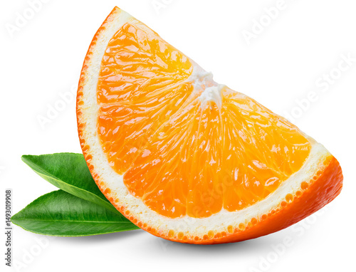 Orange slice isolated png. Sliced orange with leaf on transparent background. Cut orange fruit no background. Full depth of field. Transparent png.