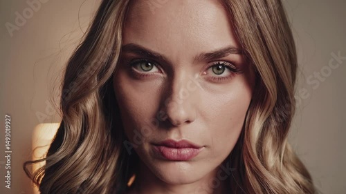 woman with long blonde hair looking directly at the camera with a serious expression. Her eyes are intensely focused and her lips are slightly parted. The lighting is soft and warm.
