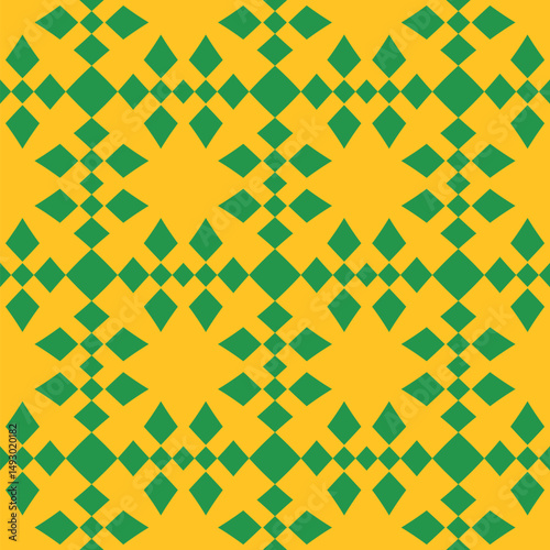 Vector checkered seamless pattern. Stylish abstract ornament texture with grid, lattice, diamond shapes, floral silhouettes. Simple funky summer background. Green and yellow color. Repeated geo design