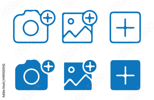 Add photo icon. Upload photo icon logo set. Camera with plus icon . Vector illustration eps 10