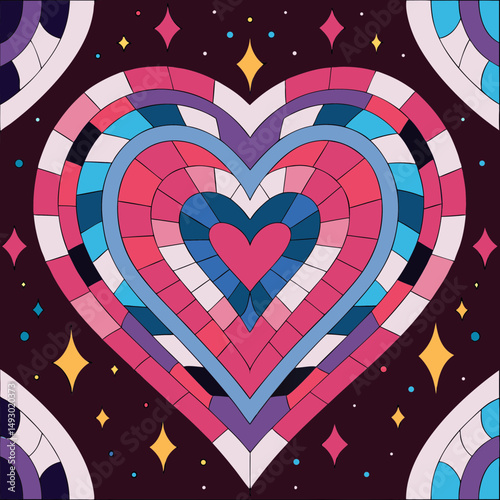 Colorful mosaic heart design made of tiny tiles, forming a vibrant and cohesive pattern, ideal for digital or print use