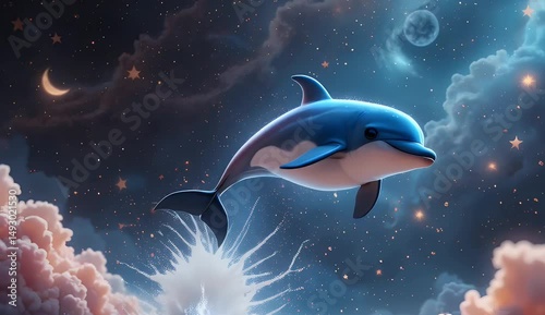 adorable dolphin playfully floating through cosmic space