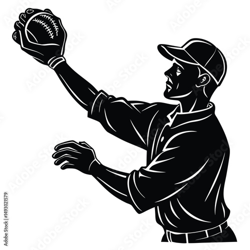 Baseball Player Silhouette Catching a Ball, Vintage Style Illustration