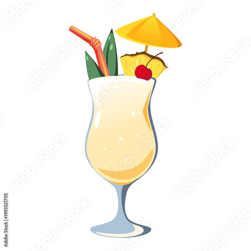 Pina Colada cocktail In a tall glass.Summer tropical cocktail with a slice of pineapple .Vector illustration.	