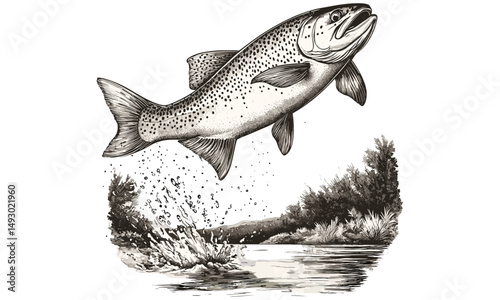 Hand-drawn monochrome rainbow trout mid-leap, vintage freshwater fish engraving, old engraving style wildlife art, river life illustration, trendy fishing sketch, classic aquatic nature design