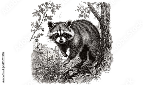 Hand-drawn vintage raccoon sketch, monochrome engraving, forest animal illustration, trendy woodland decor, nature wildlife art, rustic forest print, old-style mammal etching