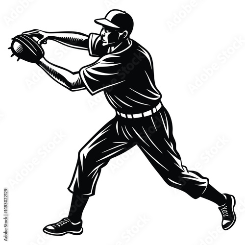 Vintage Baseball Player Catching a Ball Classic Sports Illustration