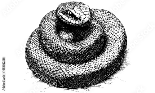 Vintage Rattlesnake Coiled Engraving, Hand-drawn Antique Serpent Sketch, Monochrome Wildlife Art, Rustic Desert Fauna Print, Retro Etching Style Drawing, old engraving style
