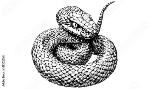 Antique Rattlesnake Coiled Sketch, Vintage Hand-drawn Engraving, Rustic Desert Fauna, Monochrome Wildlife Drawing, Retro Etching Style, classic reptile illustration