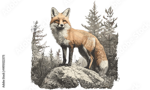 Hand-drawn vintage engraving of red fox in forest, retro animal art, black sketch, monochrome etching style, trendy woodland decor, nature mammal illustration, old style drawing