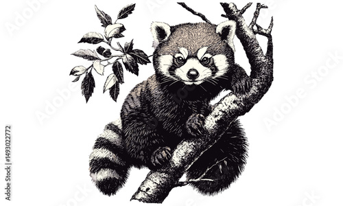 Red panda hand-drawn engraving in tree, vintage mammal sketch, monochrome etching style, black line art, trendy rainforest wildlife illustration, nature decor, forest animal artwork