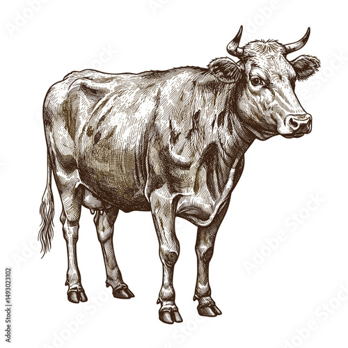Brown cow standing upright on white background