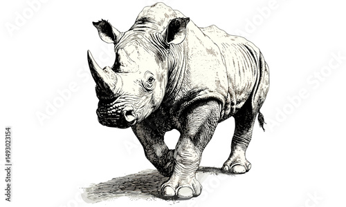 Rhino Charging Line Art, Hand-drawn Wildlife Engraving, Vintage Mammal Etching, Rustic Safari Print, Retro Nature Illustration, detailed fauna drawing, old engraving style