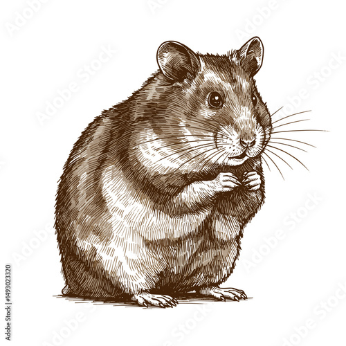 Hamster standing and looking inquisitive on white background